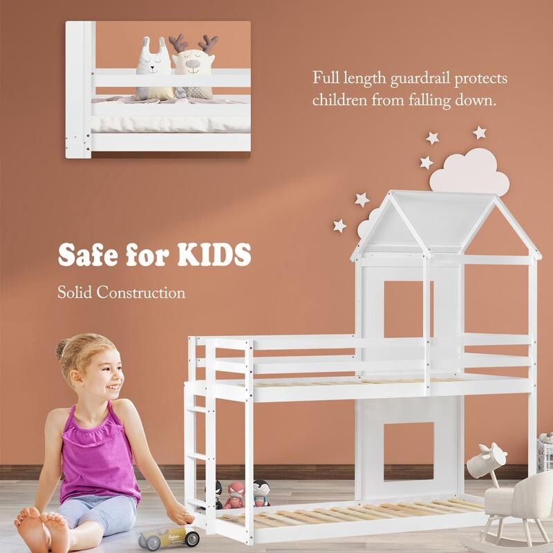 Kids Bunk Bed with Treehouse Canopy 3FT White Cabin Frame Mid Sleeper Ladder