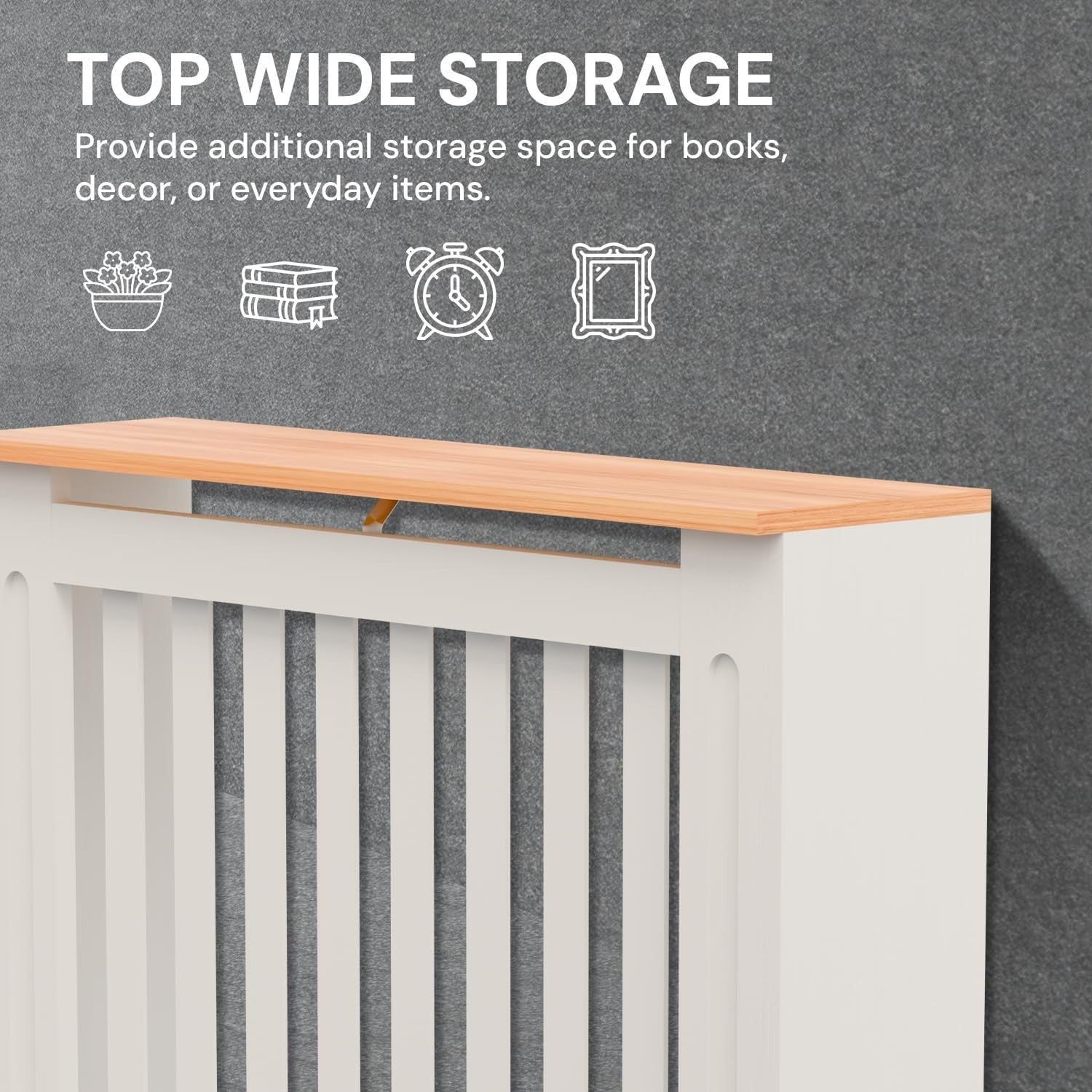 Small White Radiator Cover MDF Compact Classic Design with Oak Top Shelf