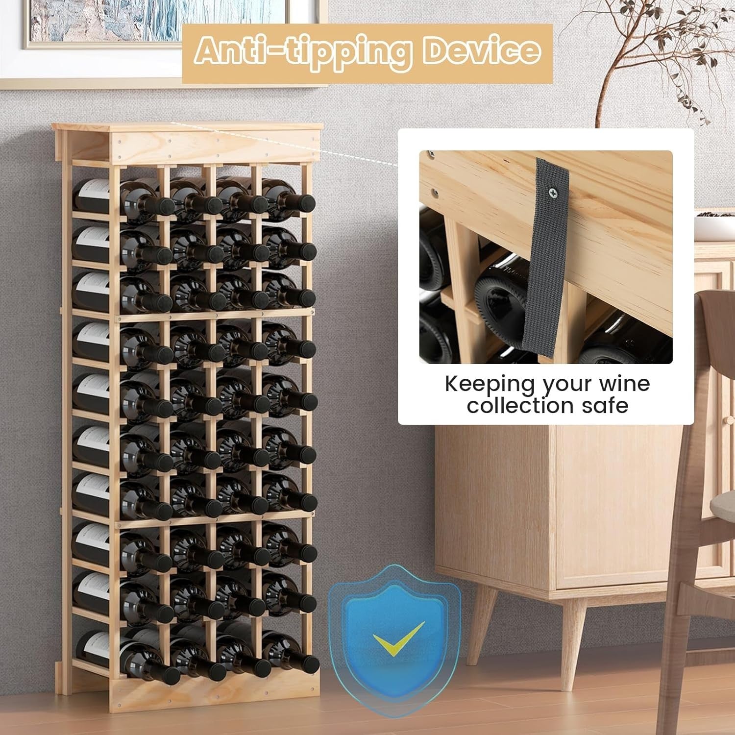 40 Bottle Wood Wine Rack 10-Tier Freestanding Storage Shelf for Home Bar