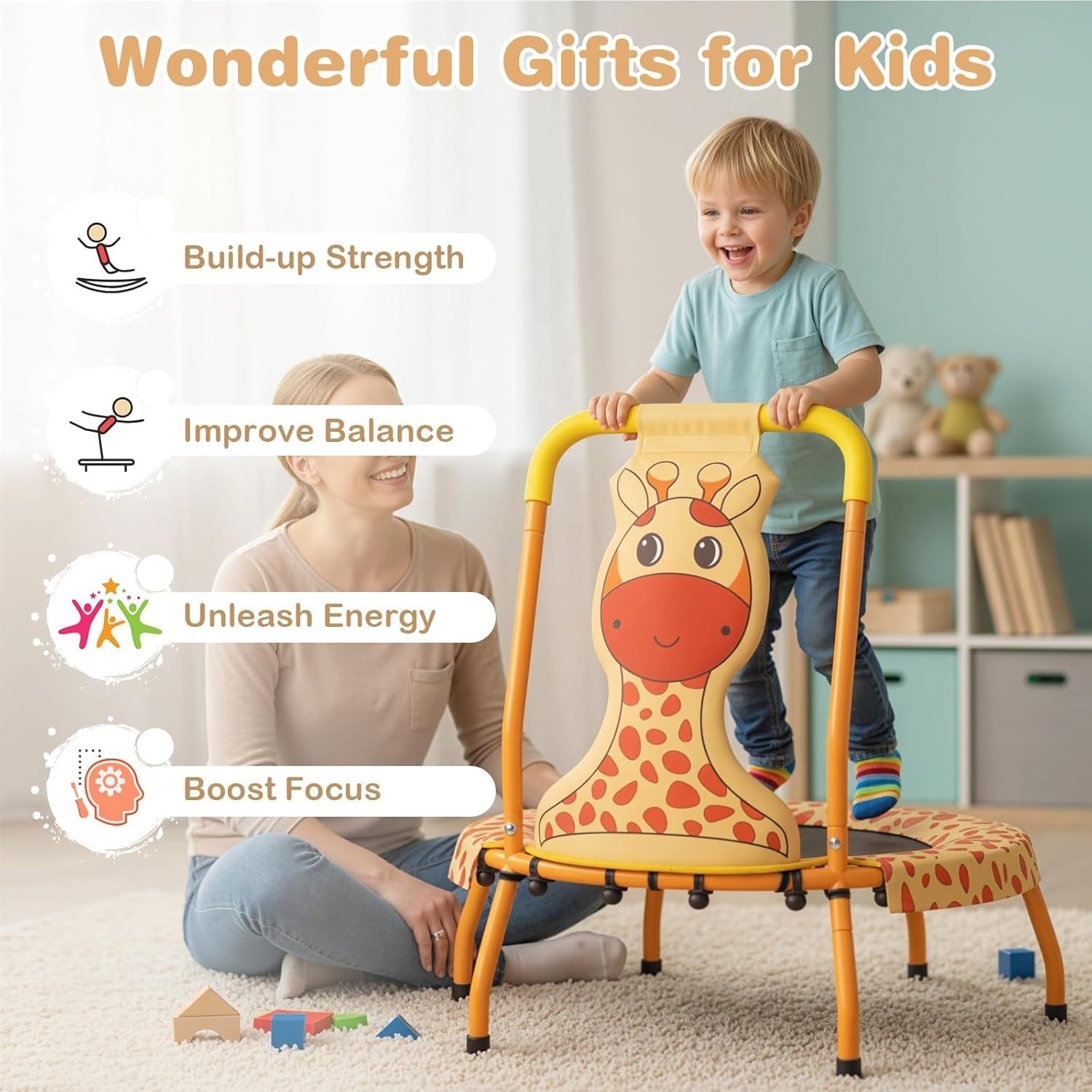 Toddler Mini Trampoline with Foam Handle Safe Kids Rebounder 80KG