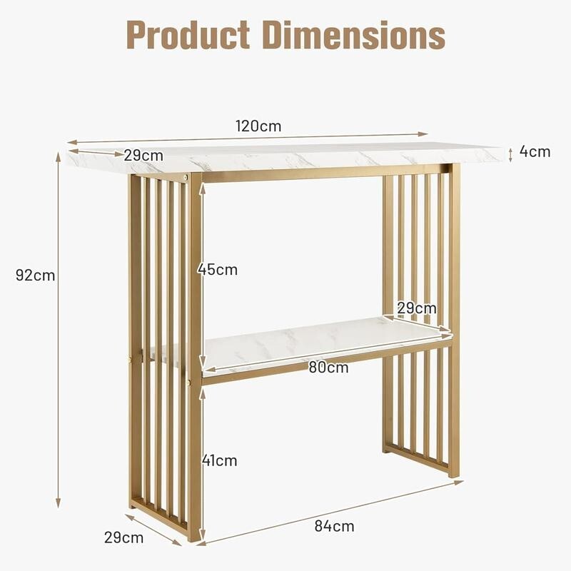 120cm Faux Marble Console Table – 2-Tier Gold Frame Hallway Display Unit