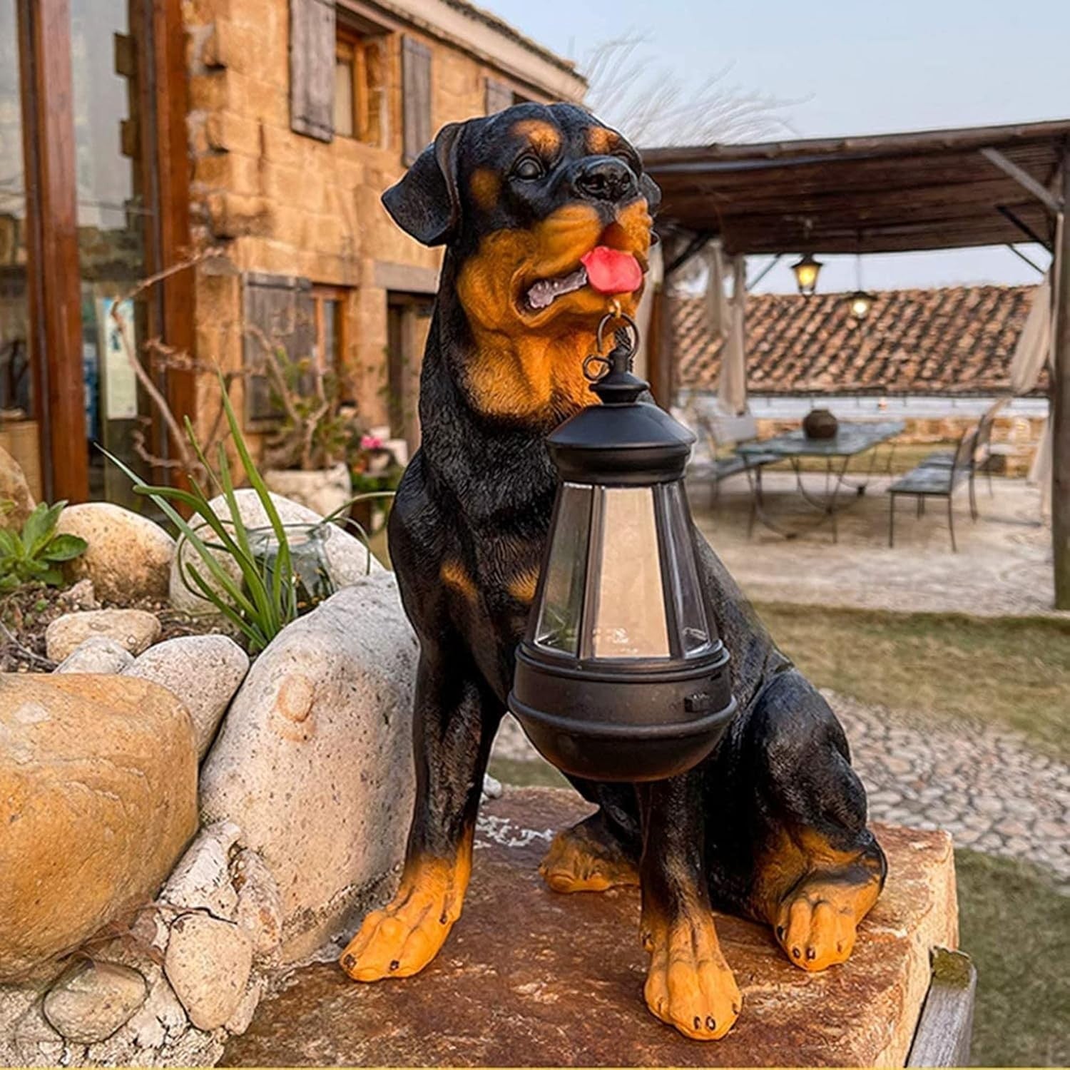 Rottweiler Garden Dog Statue with Solar Lantern Outdoor Resin Ornament