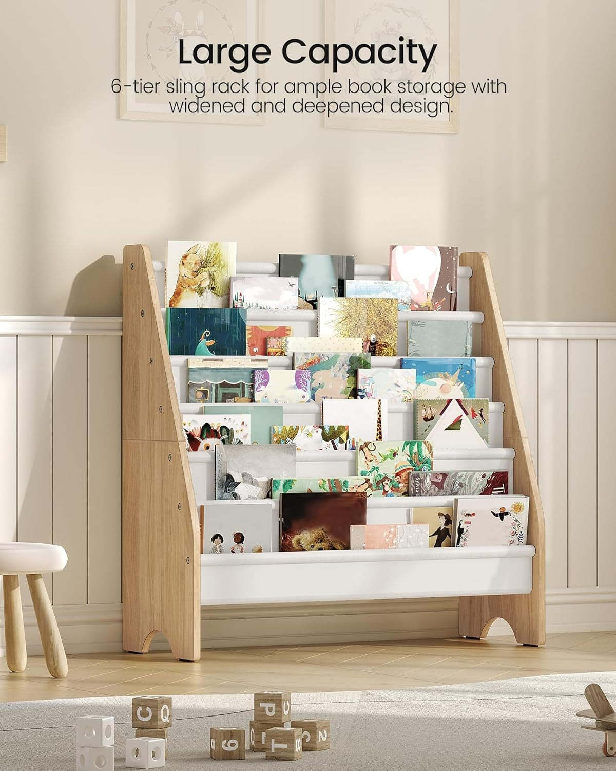 6 Tier Kids Bookshelf White Natural Sling Book Organizer Large Capacity