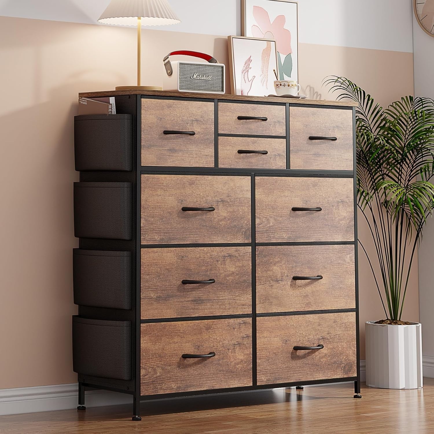 Rustic Brown 10-Drawer Tall Chest Storage Dresser with Side Pockets & Hooks
