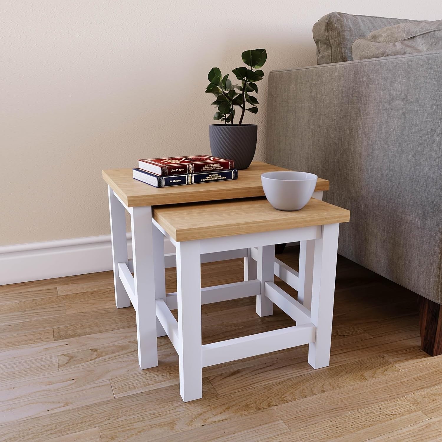 Space Saving Nesting Side Tables White & Oak Modern Living Room Nightstand