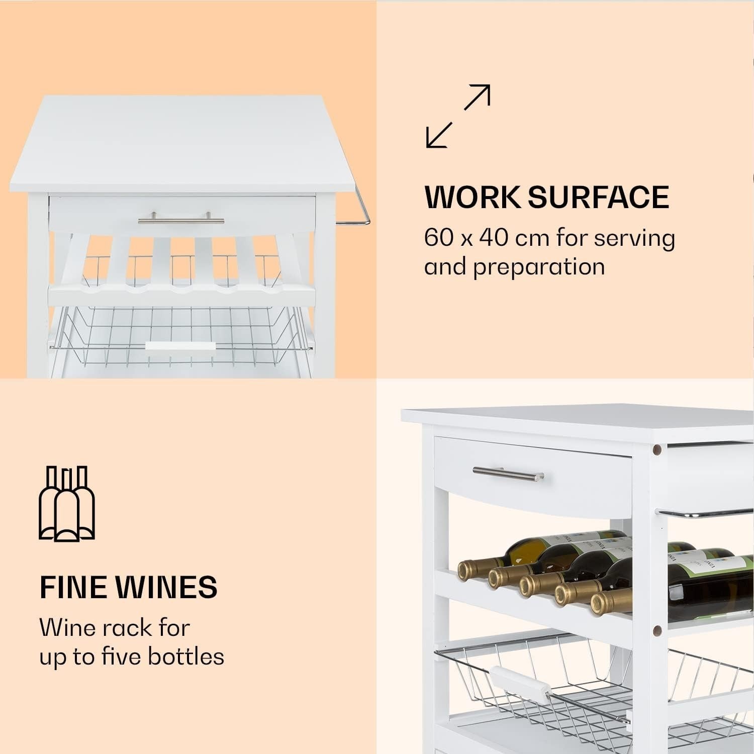 Slim Rolling Kitchen Trolley with 5-Tier Storage & Lockable Wheels, White