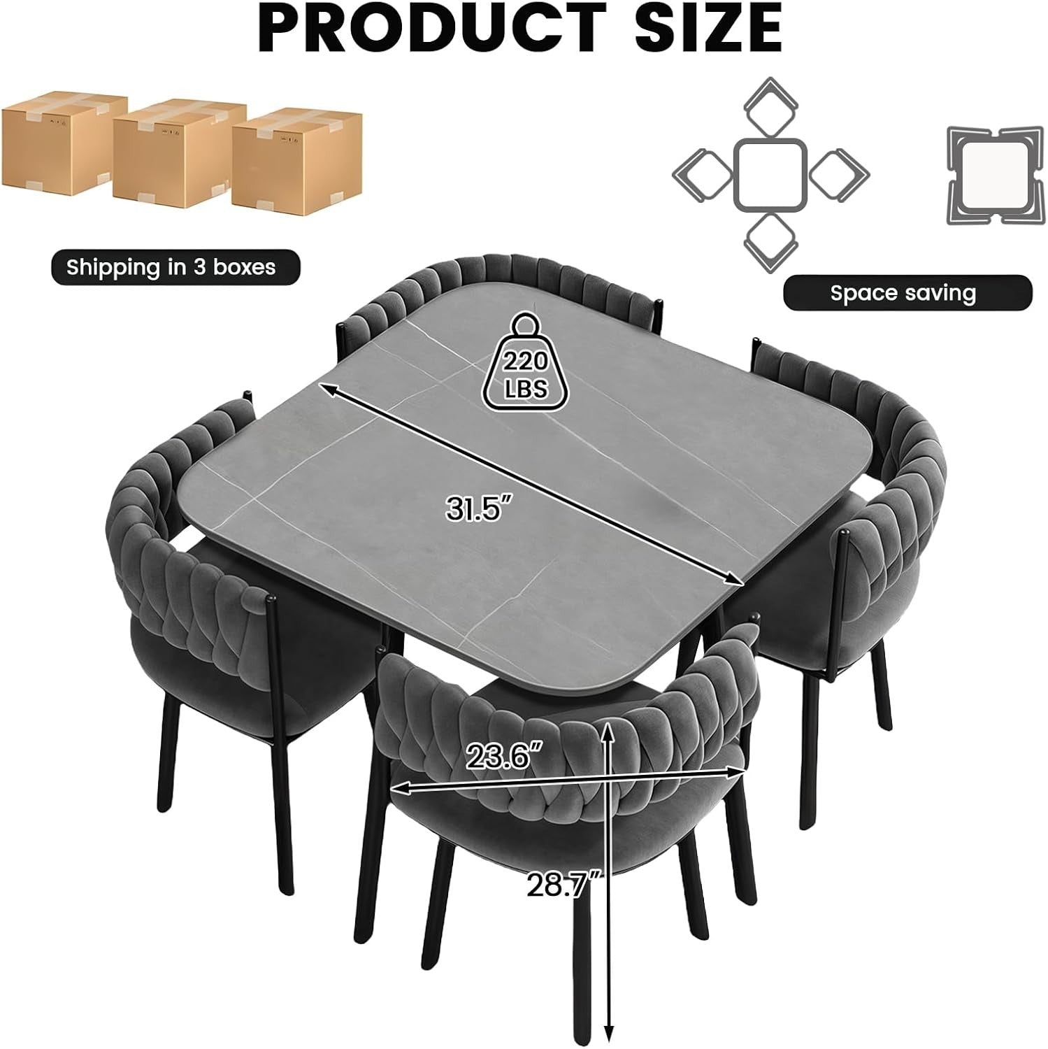 Space-Saving Rock Slab Marble Dining Table & 4 Velvet Chairs Set Grey