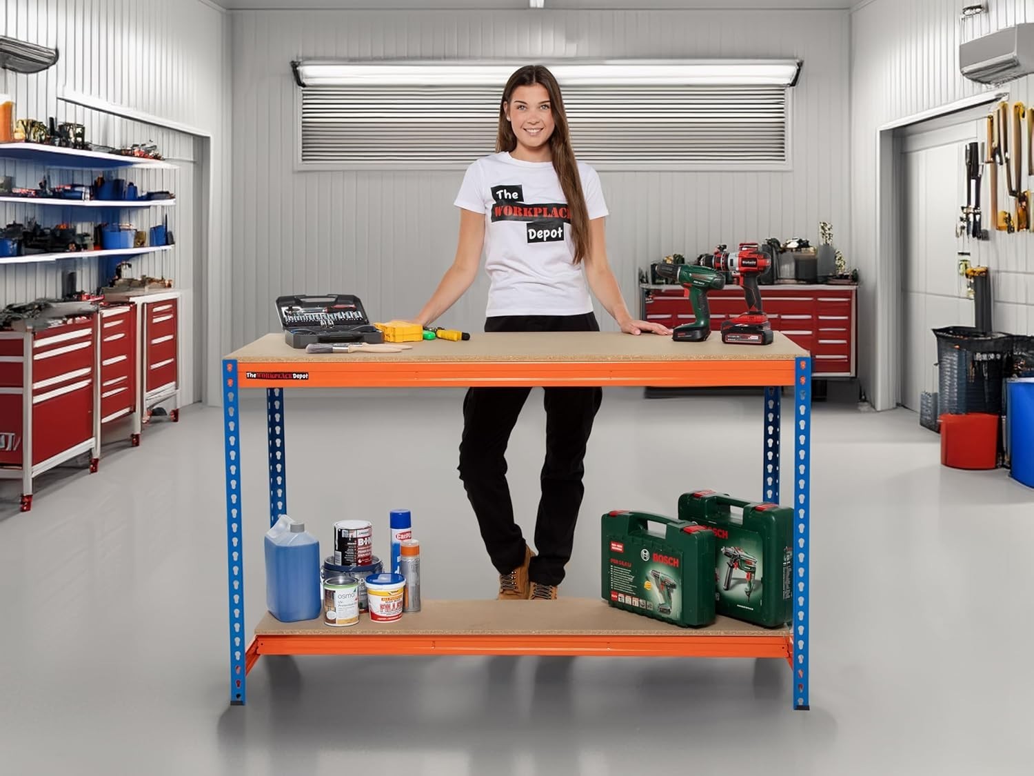 Heavy Duty Workbench 500kg Steel 2 Tier Garage Station with Chipboard Shelves