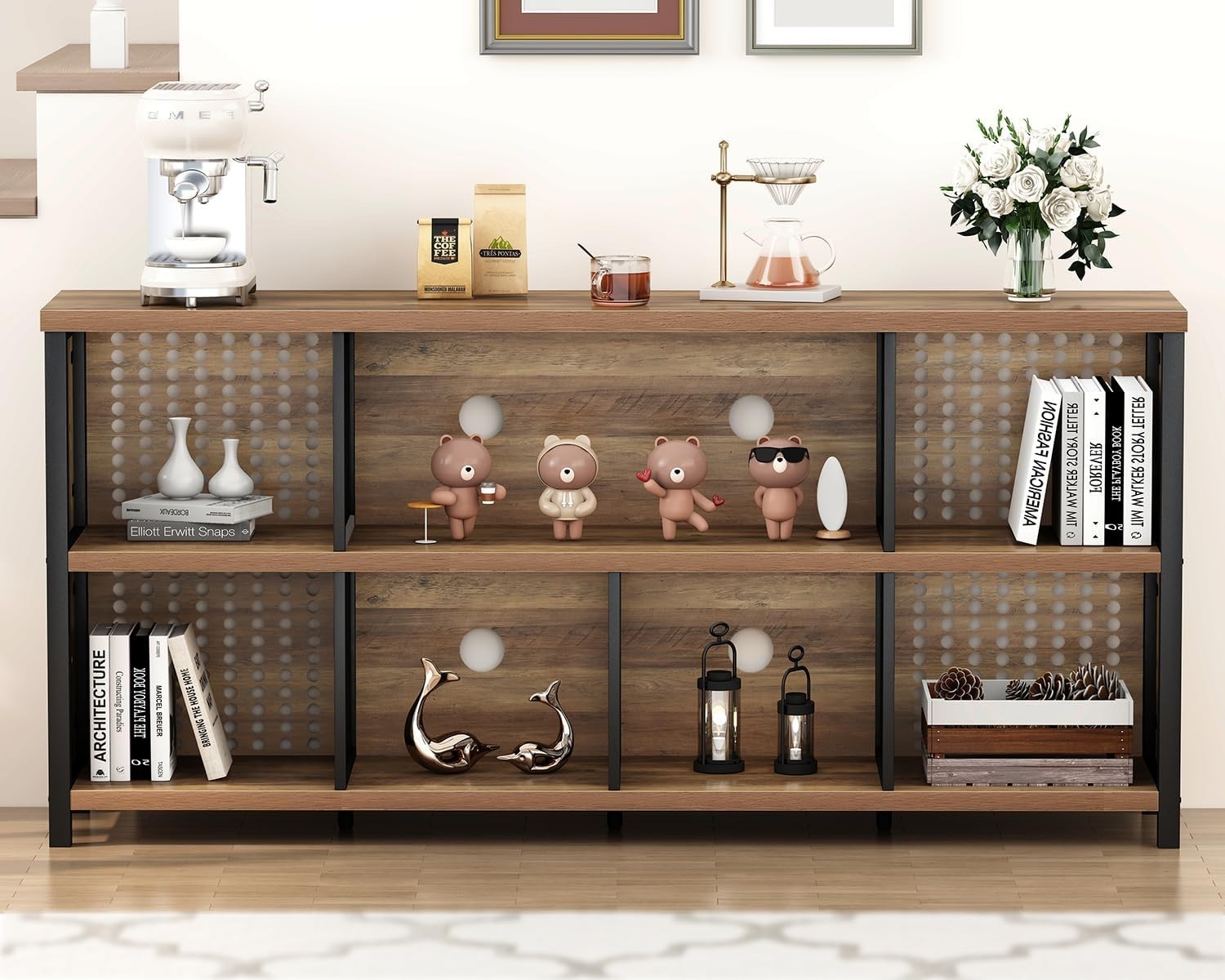 Rustic Oak 8 Cube Wooden Bookcase Storage Cabinet Industrial Style 160x34x76cm