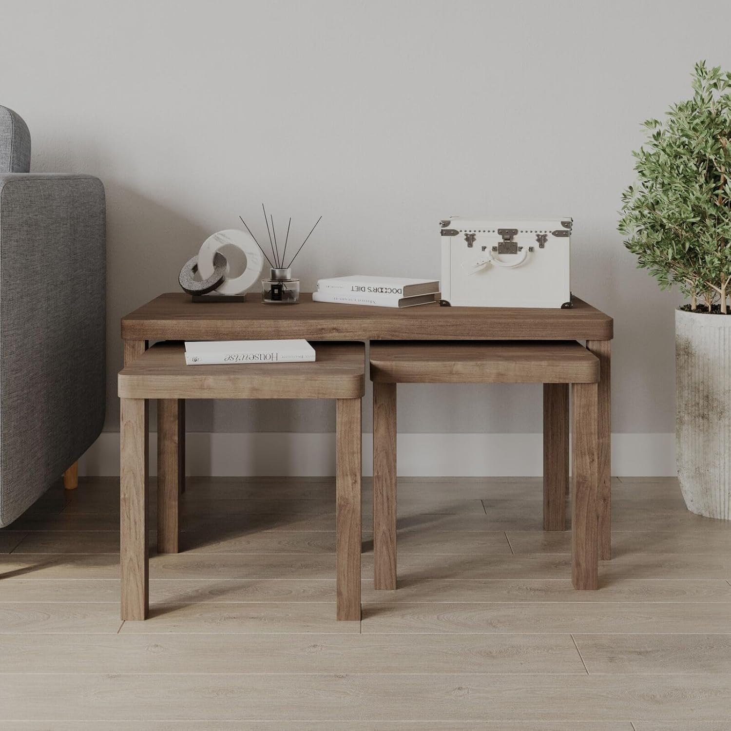 Space Saving Oak Nesting Coffee Table Set 3: Large Rectangular + 2 Square End Ta