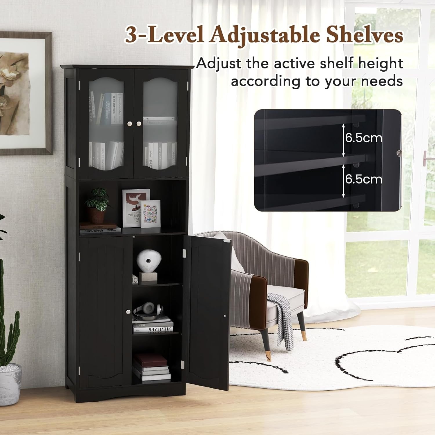 Black Wooden Tall Bathroom Cabinet with Glass Doors Adjustable Shelves