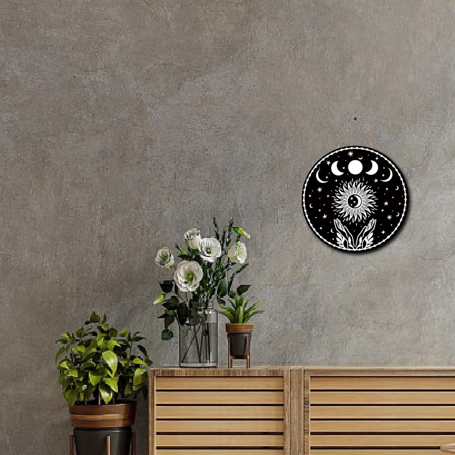 Moon Phase Wood Wall Decor Round 11.8in Boho Witch Art