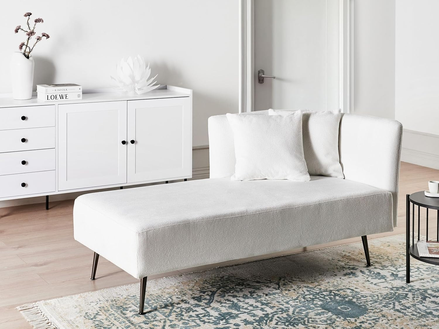 Modern White Chaise Lounge Sofa | Cushions, Metal Legs, Compact Seating