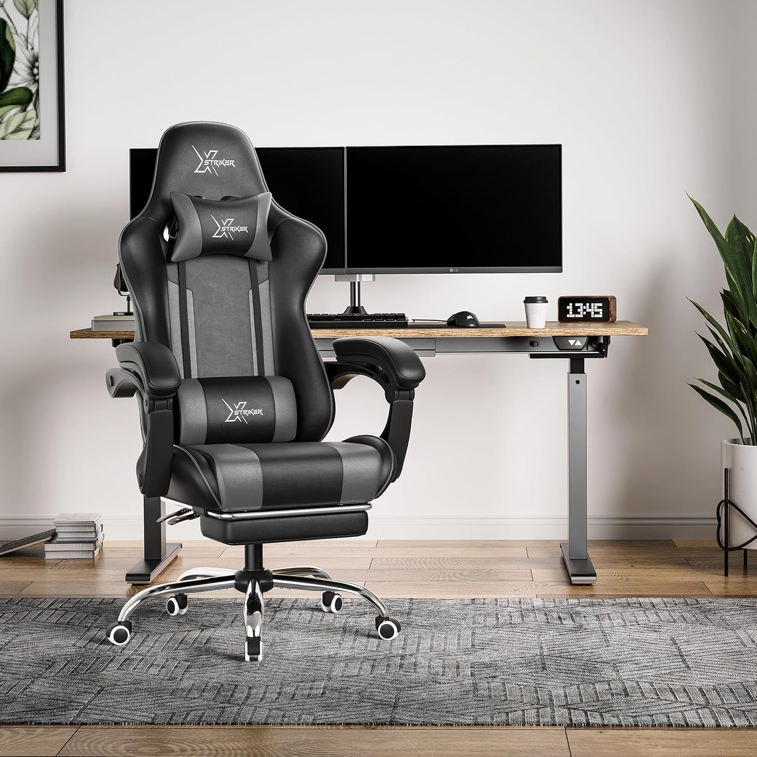 Ergonomic Gaming Chair w/ Footrest Recliner Lumbar Support Black Grey