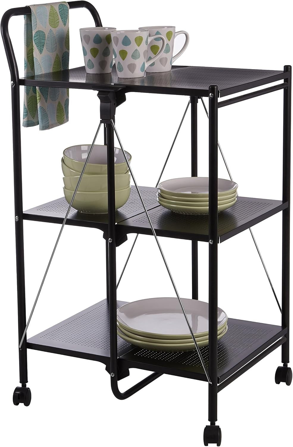 Folding Kitchen Trolley 3 Tier Rolling Storage Cart Metal Shelves Wheels