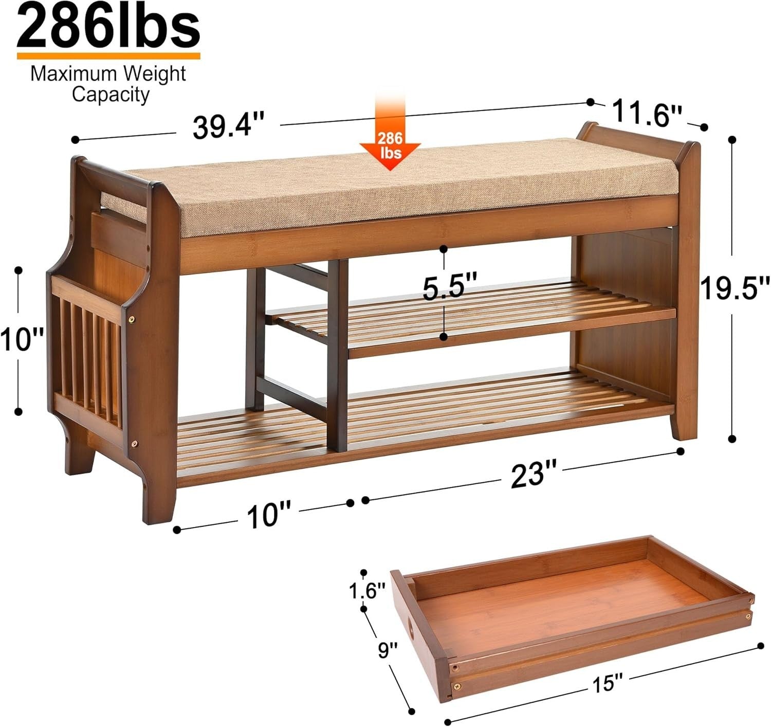 Bamboo Shoe Storage Bench 2 Tier with Cushion Drawer Side Holder Brown 39inch