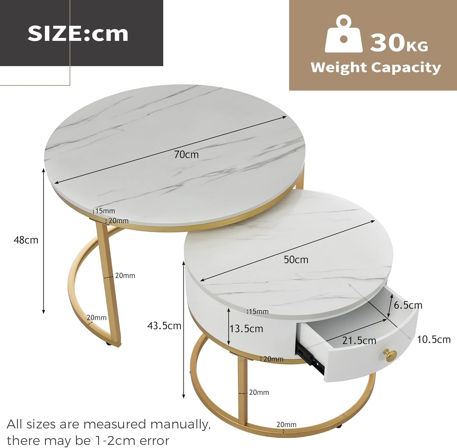2PCS Nesting Coffee Table Set Marble Look Top Round Metal Frame Living Room