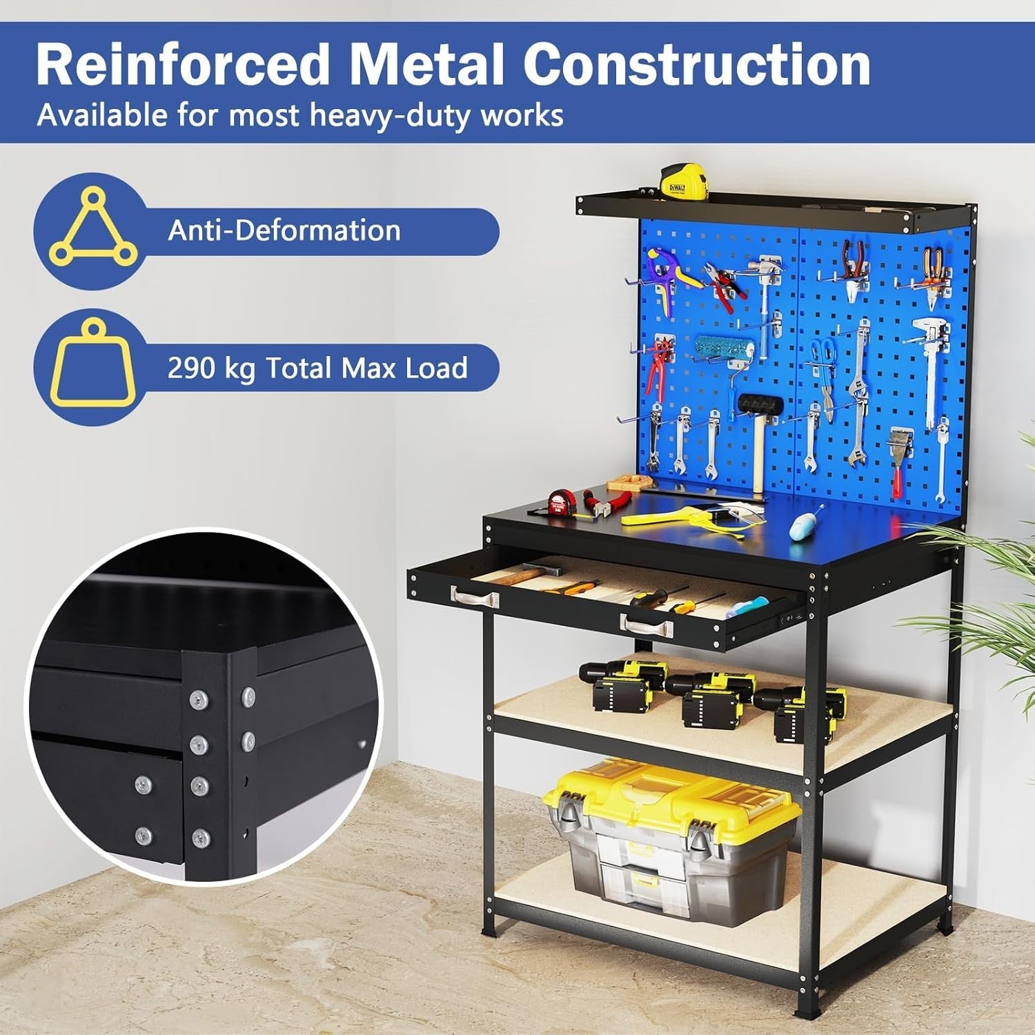 Heavy Duty Garage Workbench Pegboard Drawer Hooks Tool Station 81x41cm
