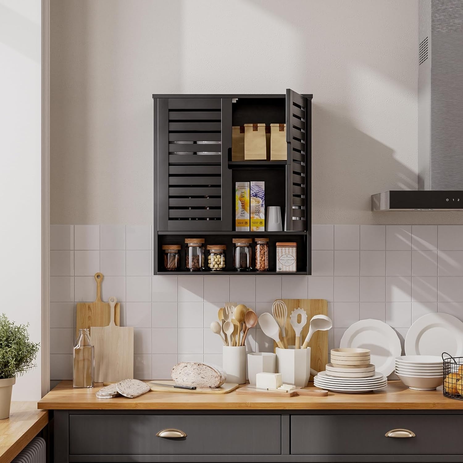 Black Bathroom Wall Cabinet – Over Toilet Storage, 2 Doors, Adjustable Shelves