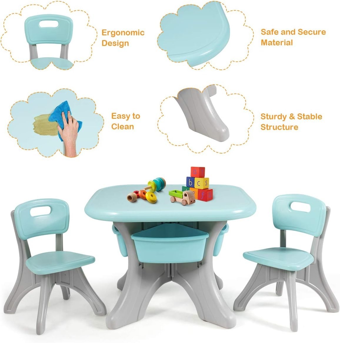 Kids Activity Table & 2 Chairs Set Green w/Detachable Storage Bins, Sturdy & Lig