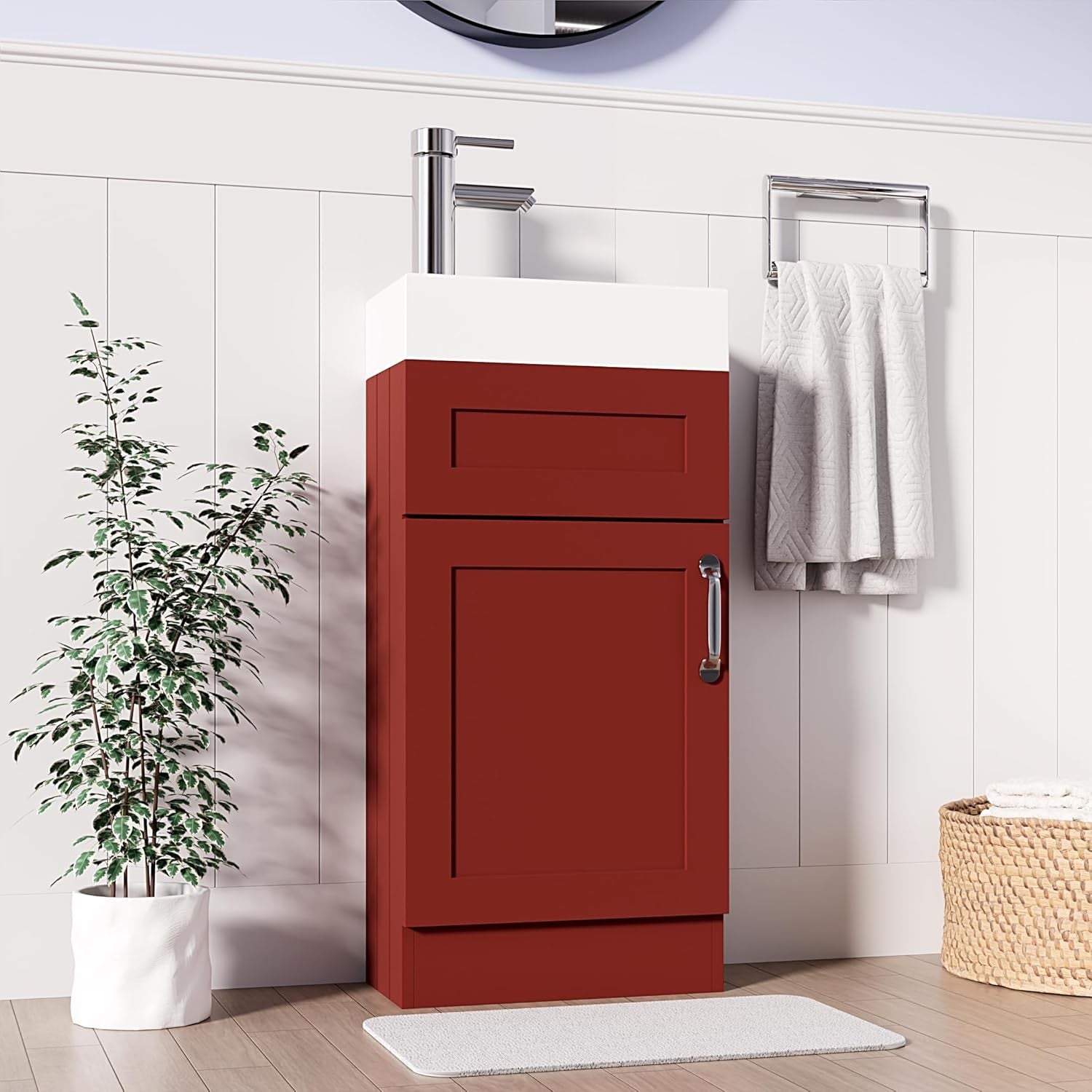Slim 400mm Bathroom Vanity Unit with Basin Red Floor Standing Sink Cabinet