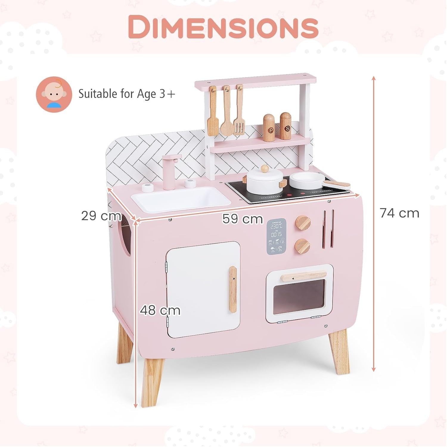 Kids Wooden Play Kitchen Pink w/ Oven Sink Stove Accessories