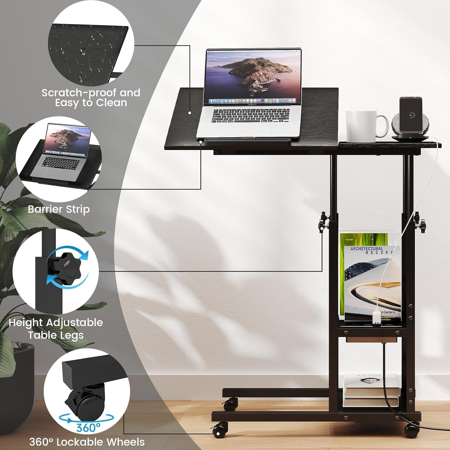 Adjustable Overbed Laptop Desk with Charging Station Wheels Storage Shelf