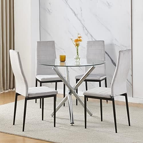 Modern 5-Piece Round Glass Dining Table Set with 4 Grey Velvet Chairs