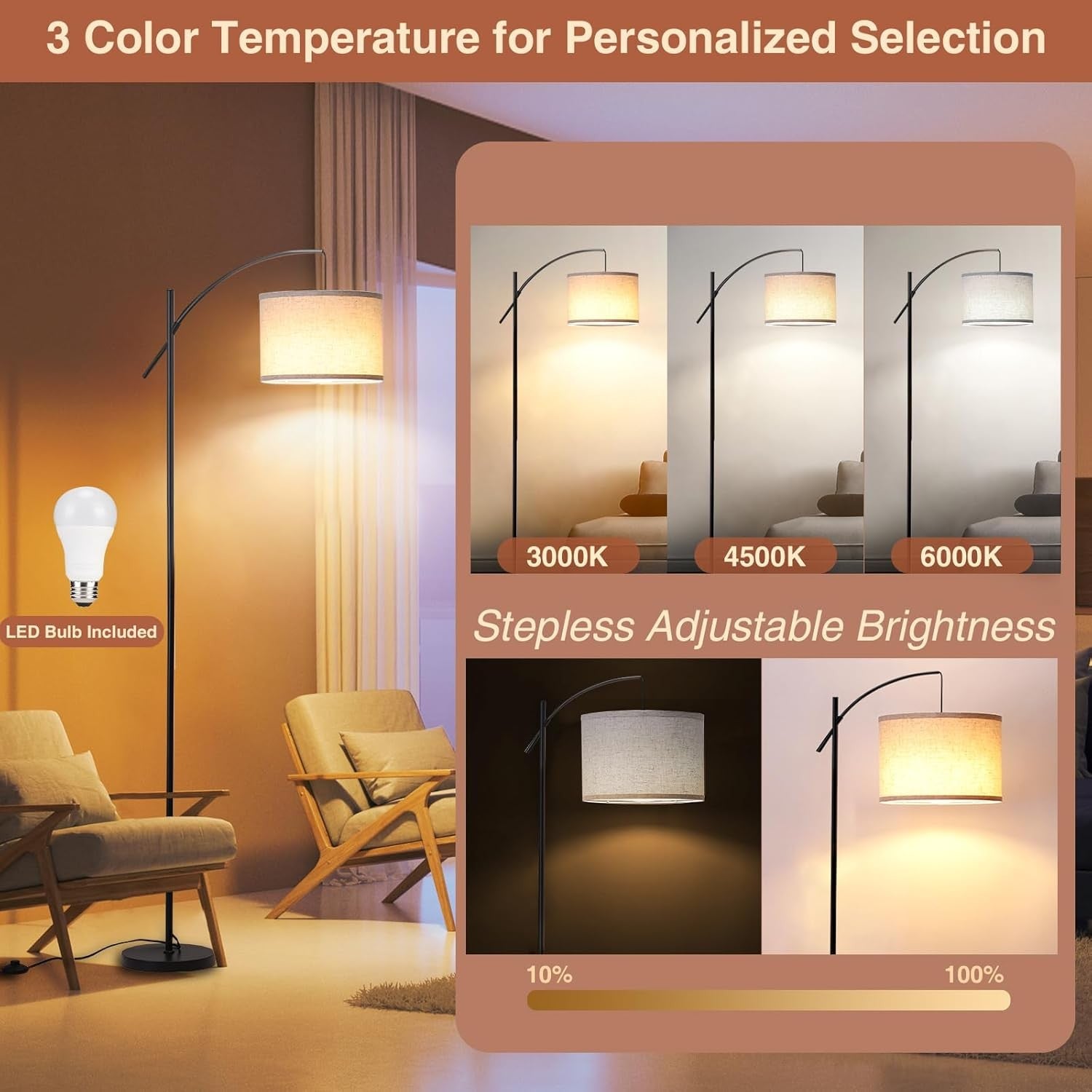 Arc Floor Lamp Dimmable Remote Control 3 Colour Temps E27 Modern Reading