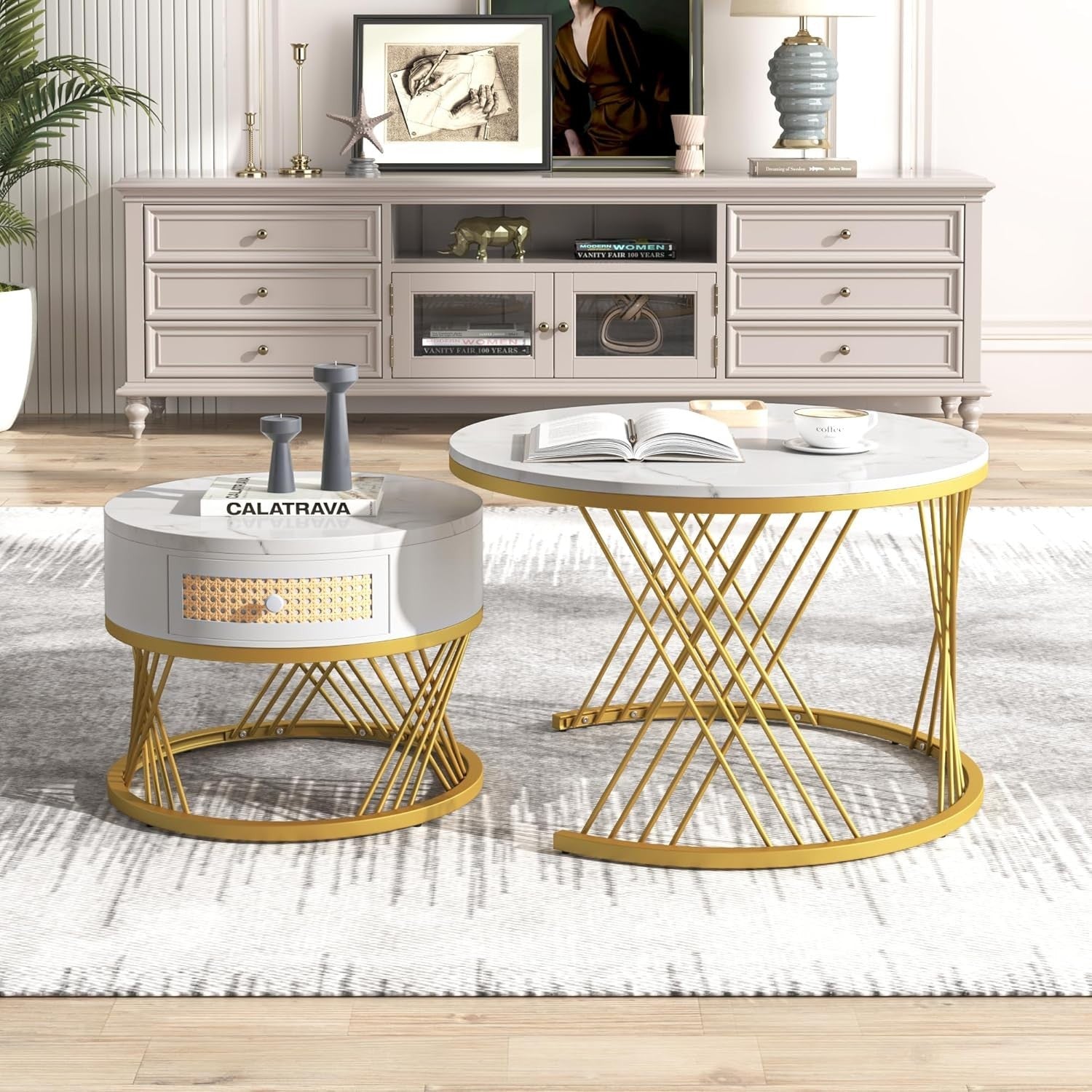 ModernLuxe 2-in-1 Round Coffee Table Set with Marble Top, Rattan Drawer