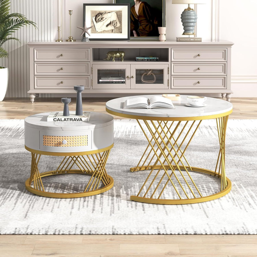 ModernLuxe 2-in-1 Round Coffee Table Set with Marble Top, Rattan Drawer