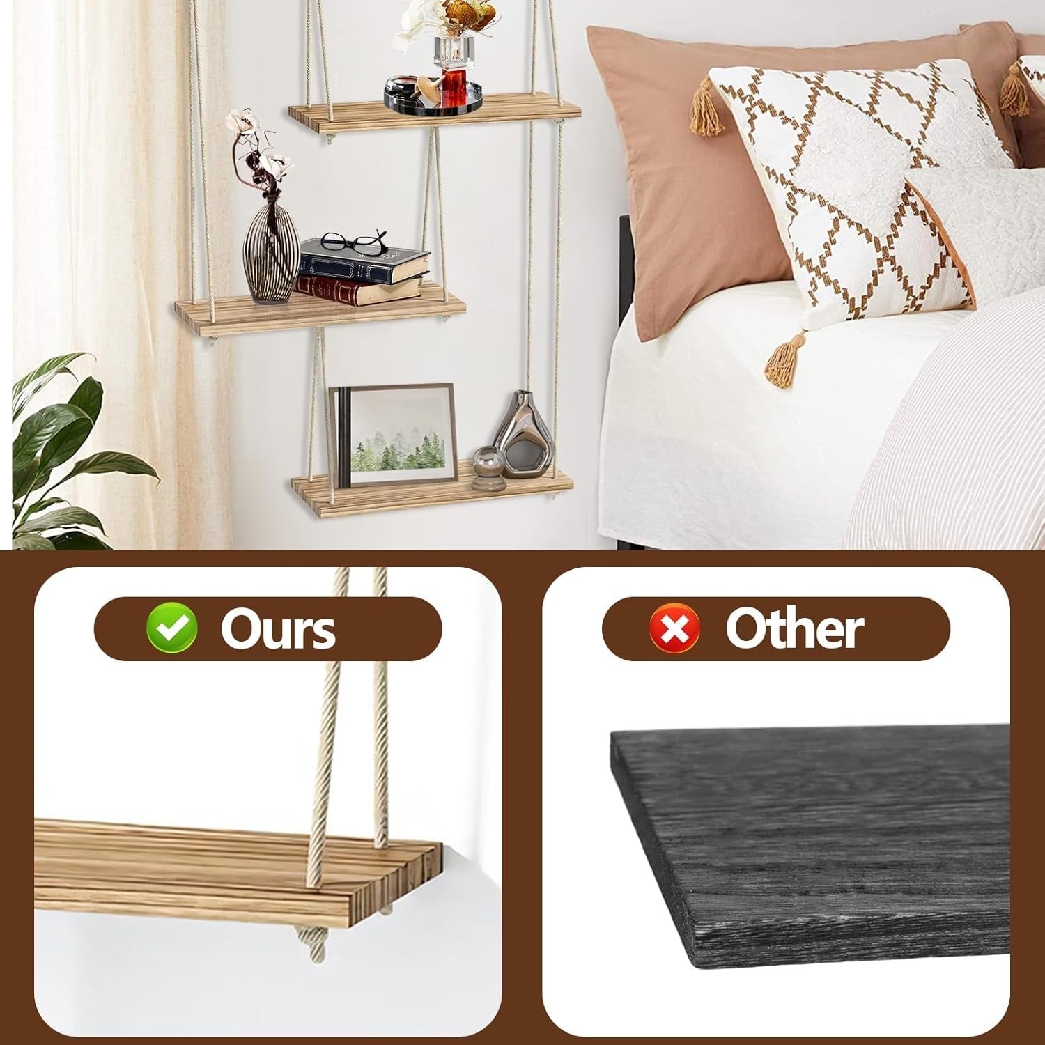 3-Tier Boho Wood Hanging Wall Shelf Floating Storage Rack