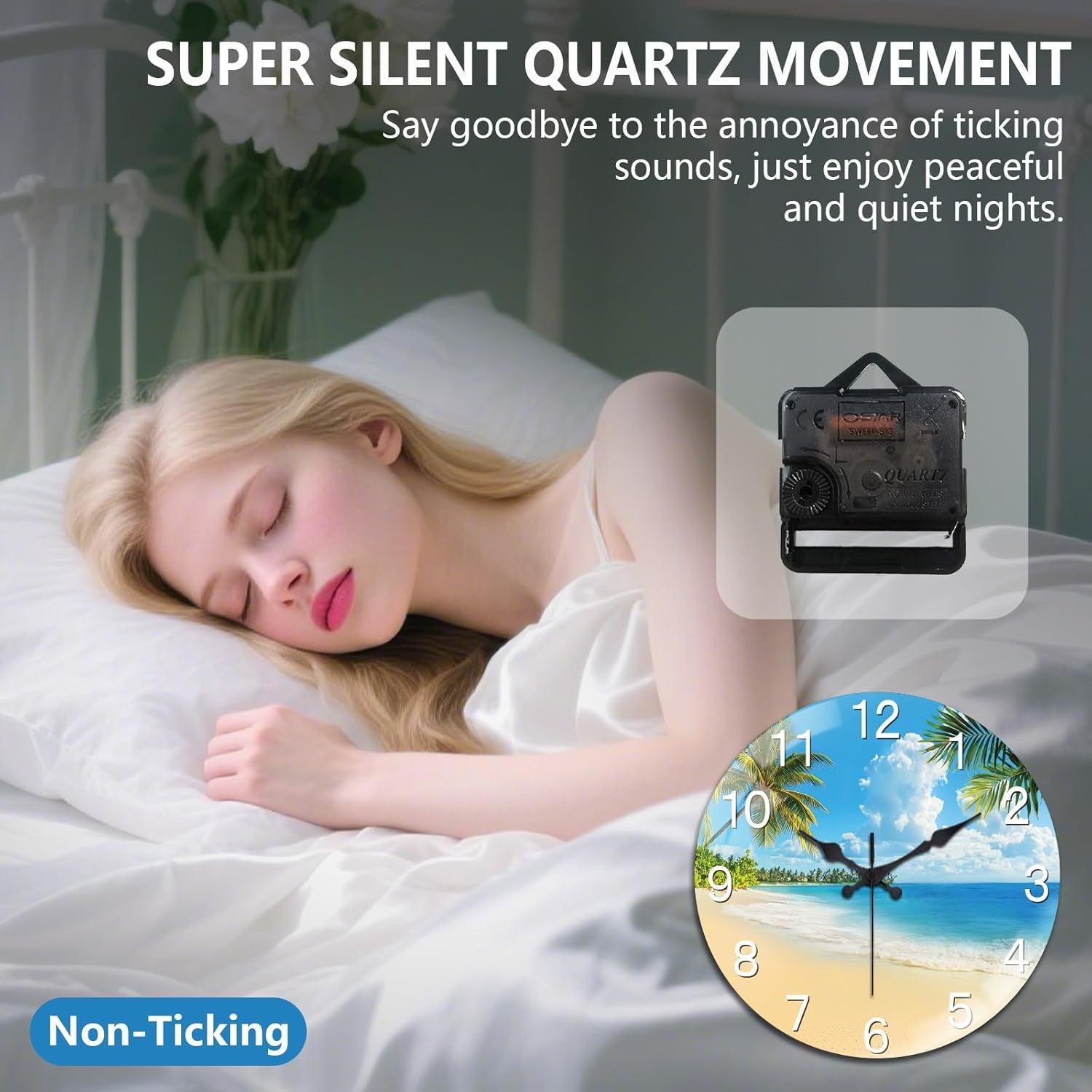 30cm Ocean Beach Wall Clock – Silent Non-Ticking Glass Art Coastal Design