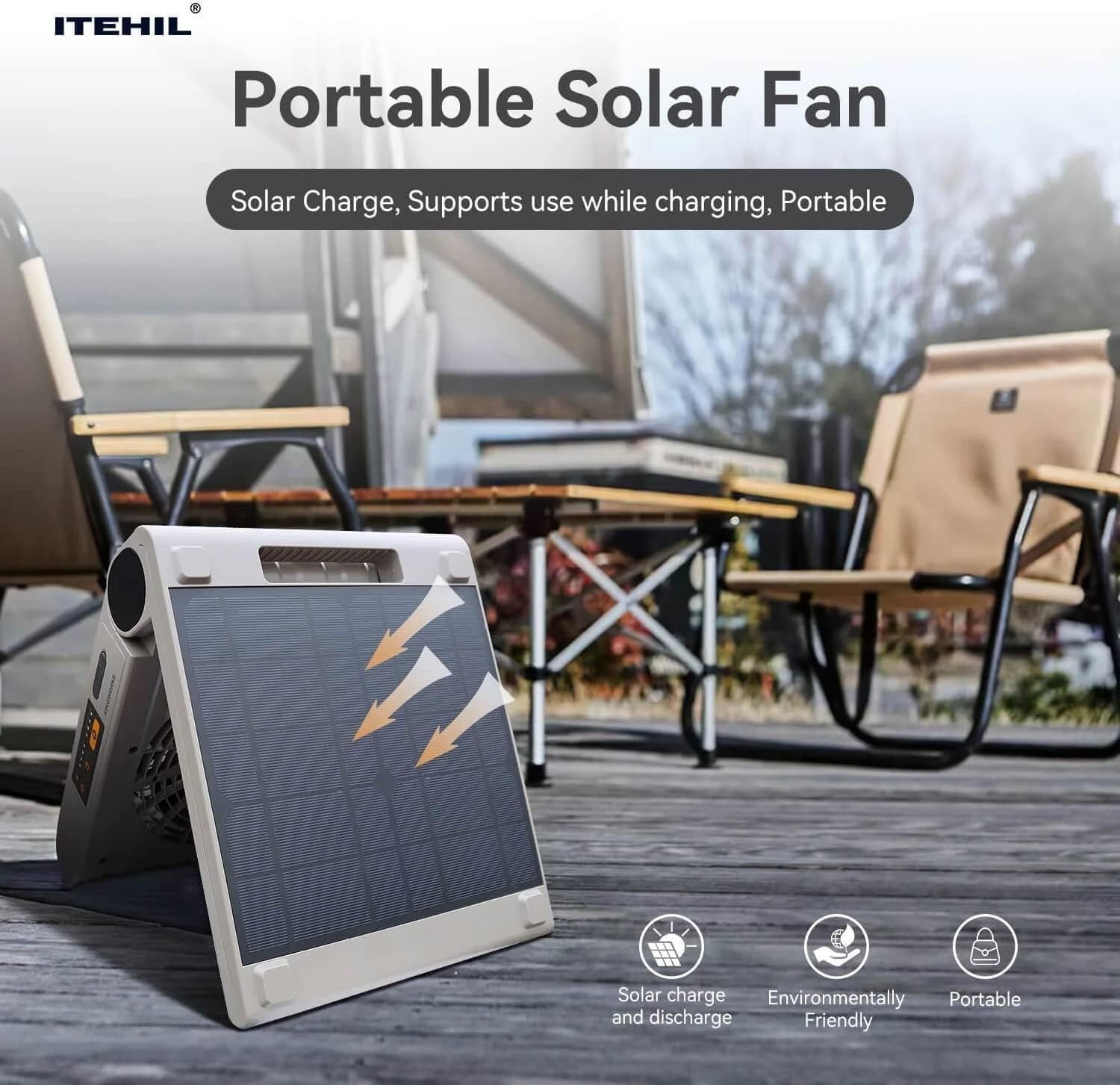 Portable Solar Electric Fan – USB 10000mAh Battery - 4 Speeds, 4 Timers, Gray