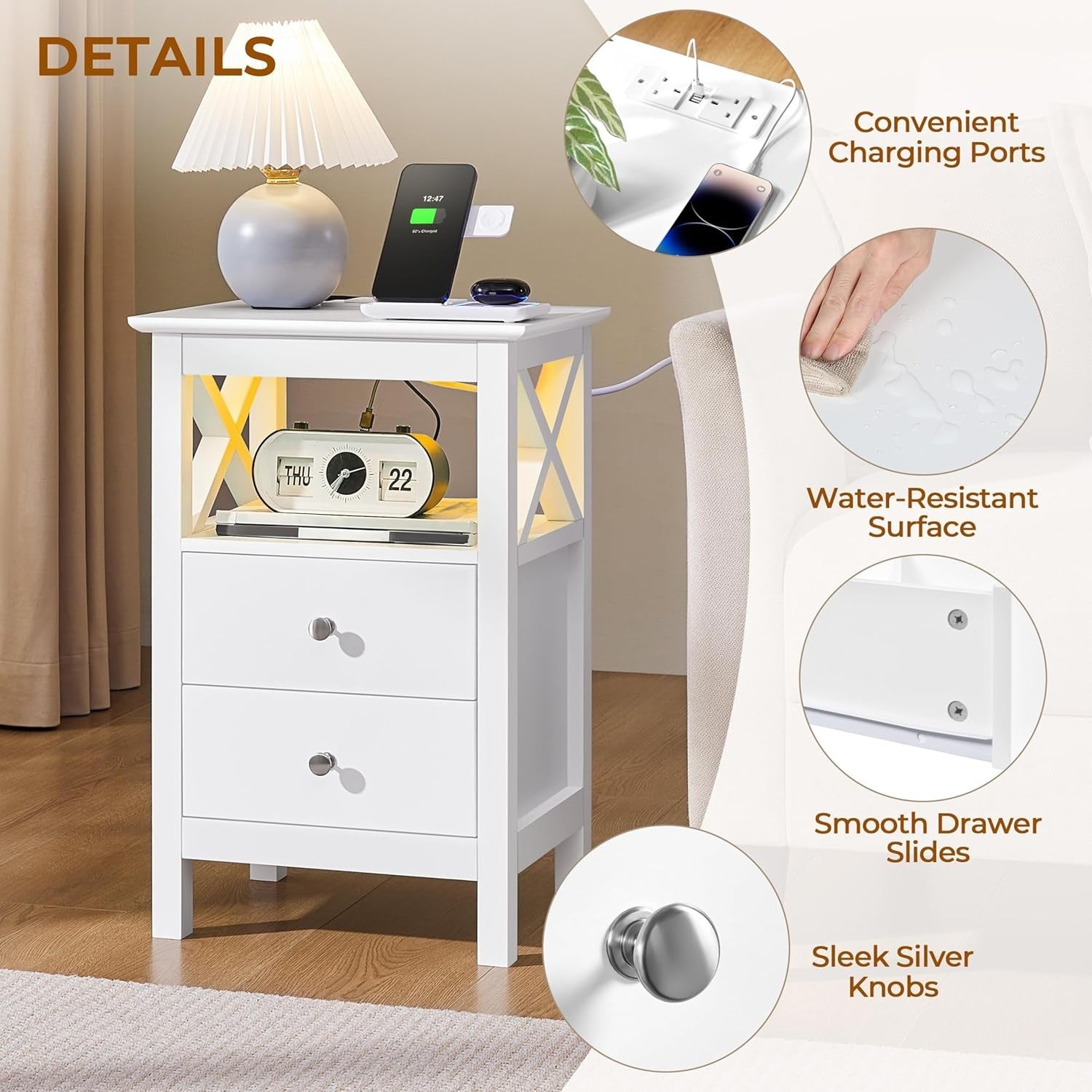 White Bedside Table with LED Lights & Charging Station – 2 Drawers & Shelf 30x40