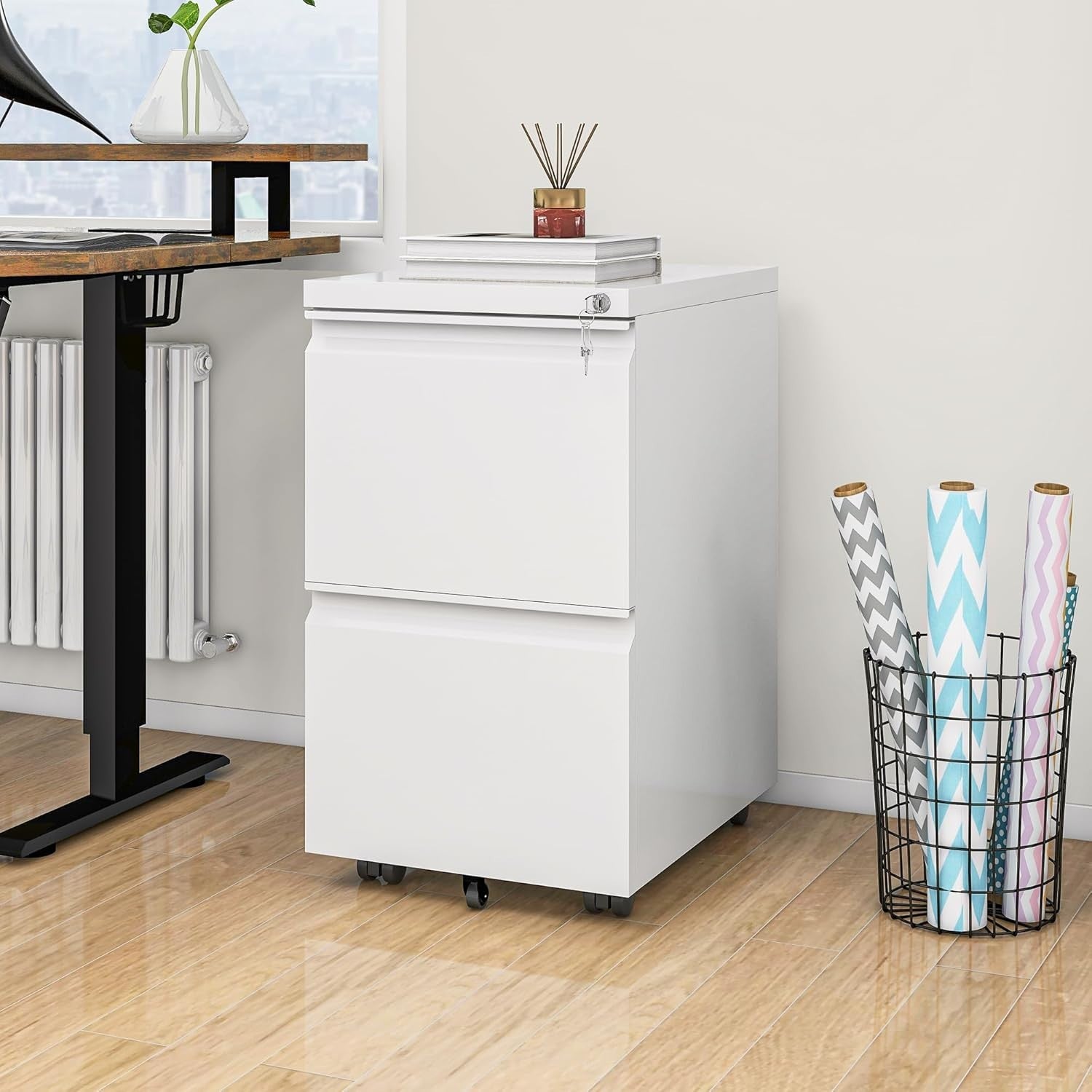 White 2 Drawer Lockable File Cabinet 51x39x71cm Mobile Steel