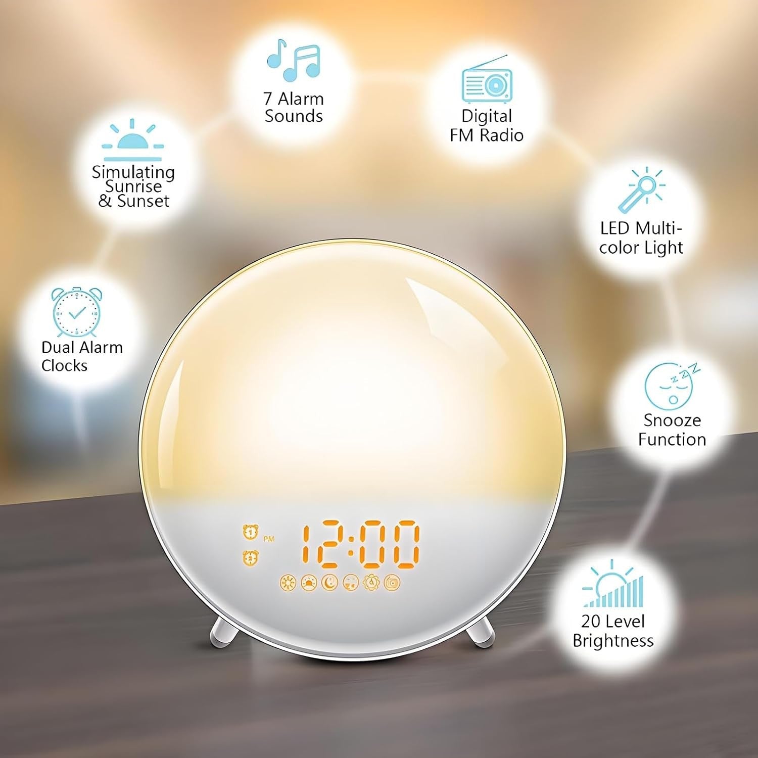 Sunrise Alarm Clock Wake Up Light White Noise FM Radio Dual Alarm