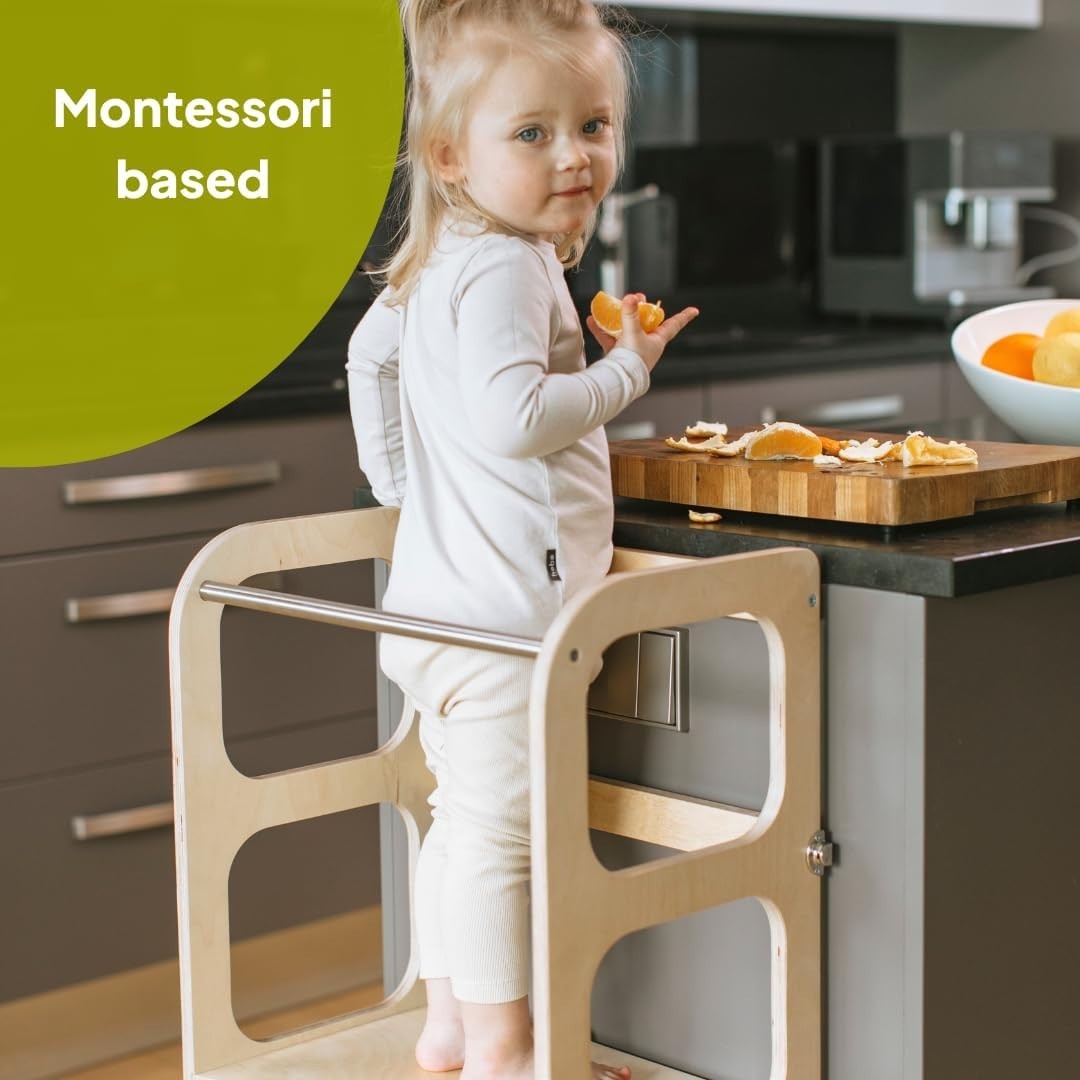Montessori Kitchen Helper Tower 2-in-1 Table Stool Grey 90cm Birch Wood