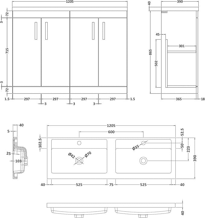 1200mm Gloss White Double Basin Vanity Unit – 4 Door Bathroom Sink Cabinet