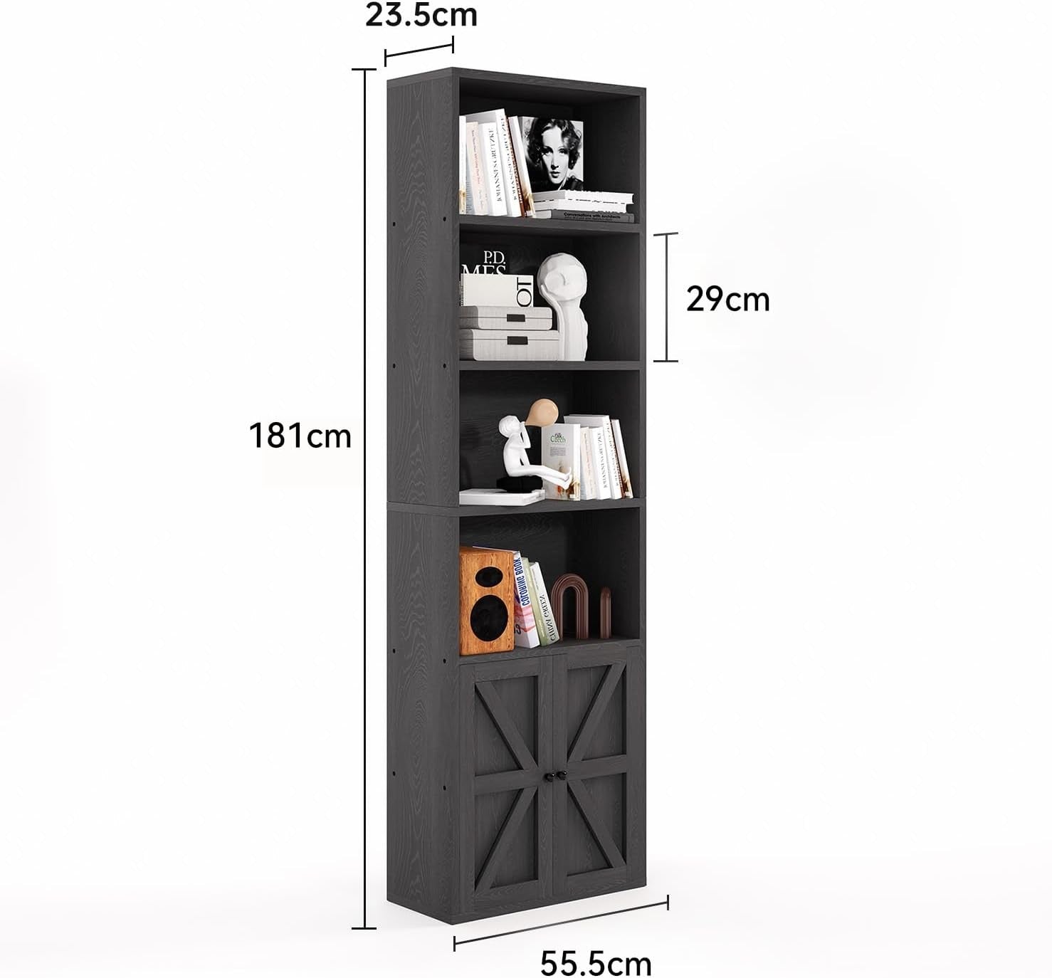 Tall Black 6-Tier Bookcase with Cabinet Doors Modern Storage Unit 181cm