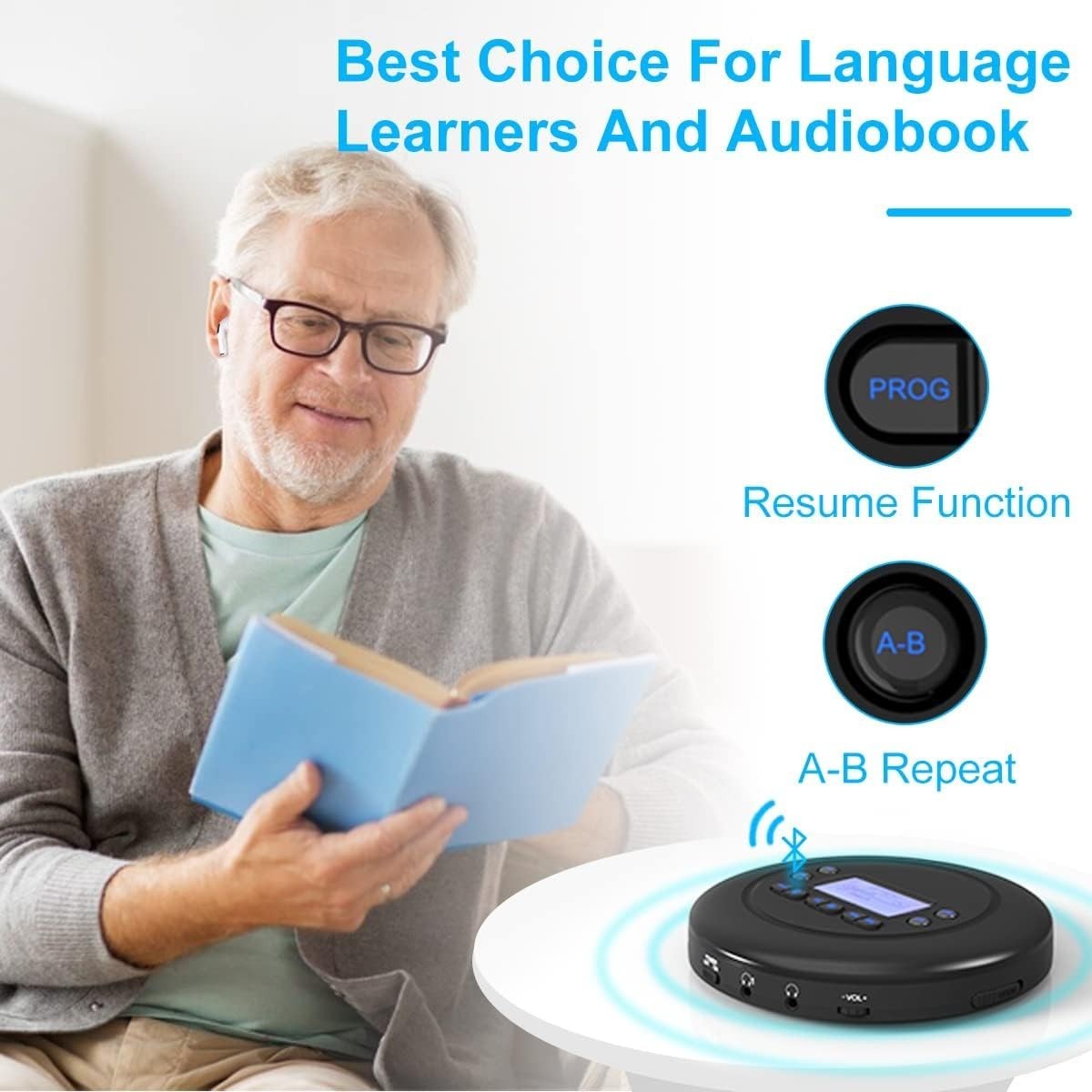Portable Bluetooth CD Player Rechargeable Anti-Skip Dual Headphone SD