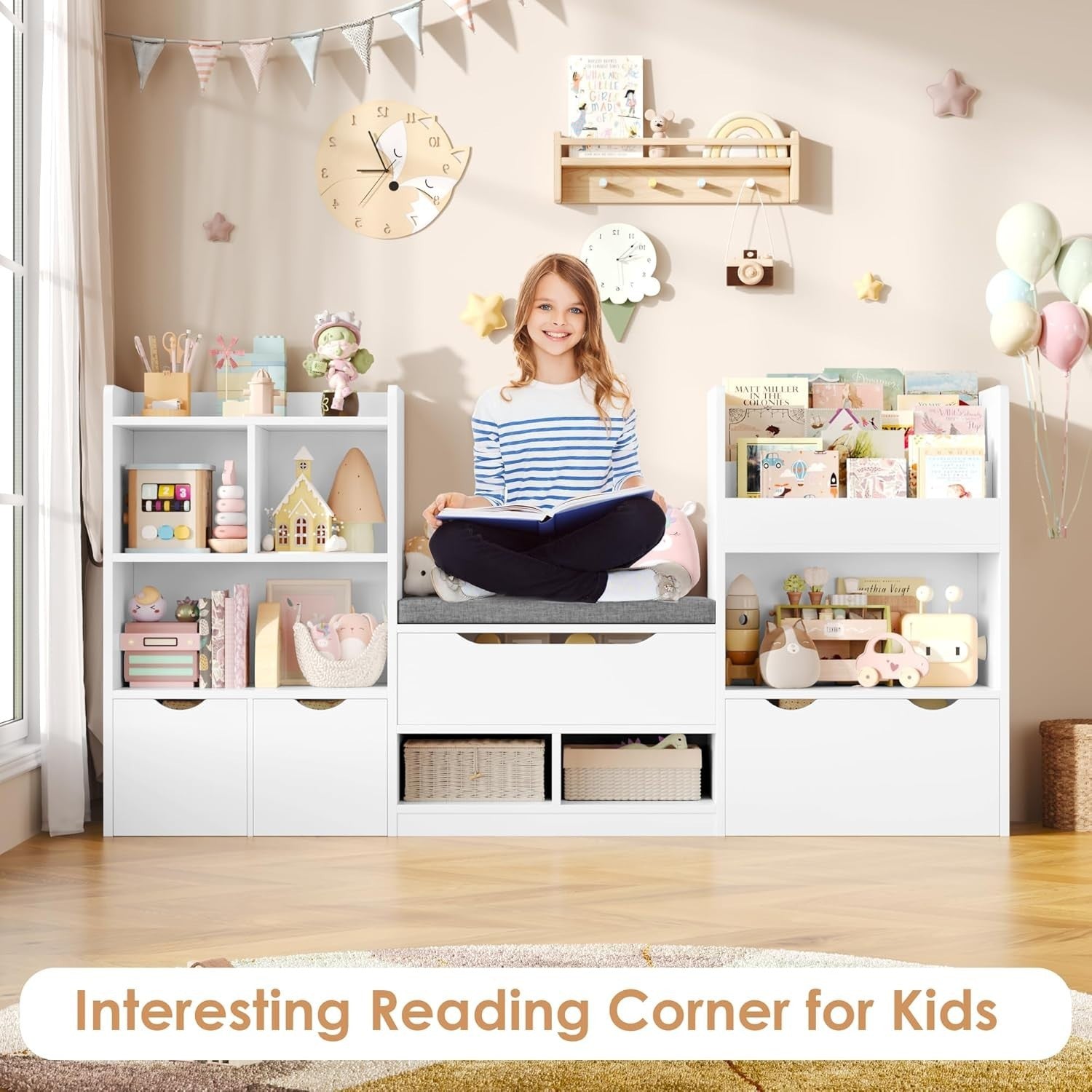 Kids Toy Storage Unit with Bench, 3 Drawers & 7 Shelves – White Organizer