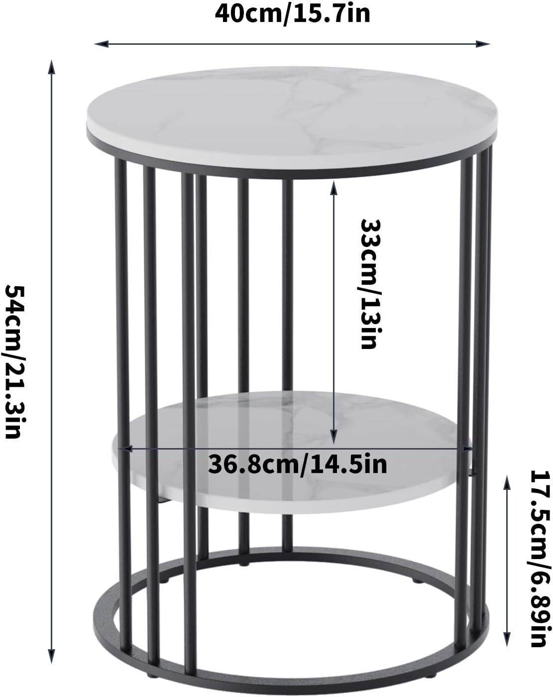 Marble Top Round Side Table 2 Tier Black Metal Legs Small End Table 40x54cm