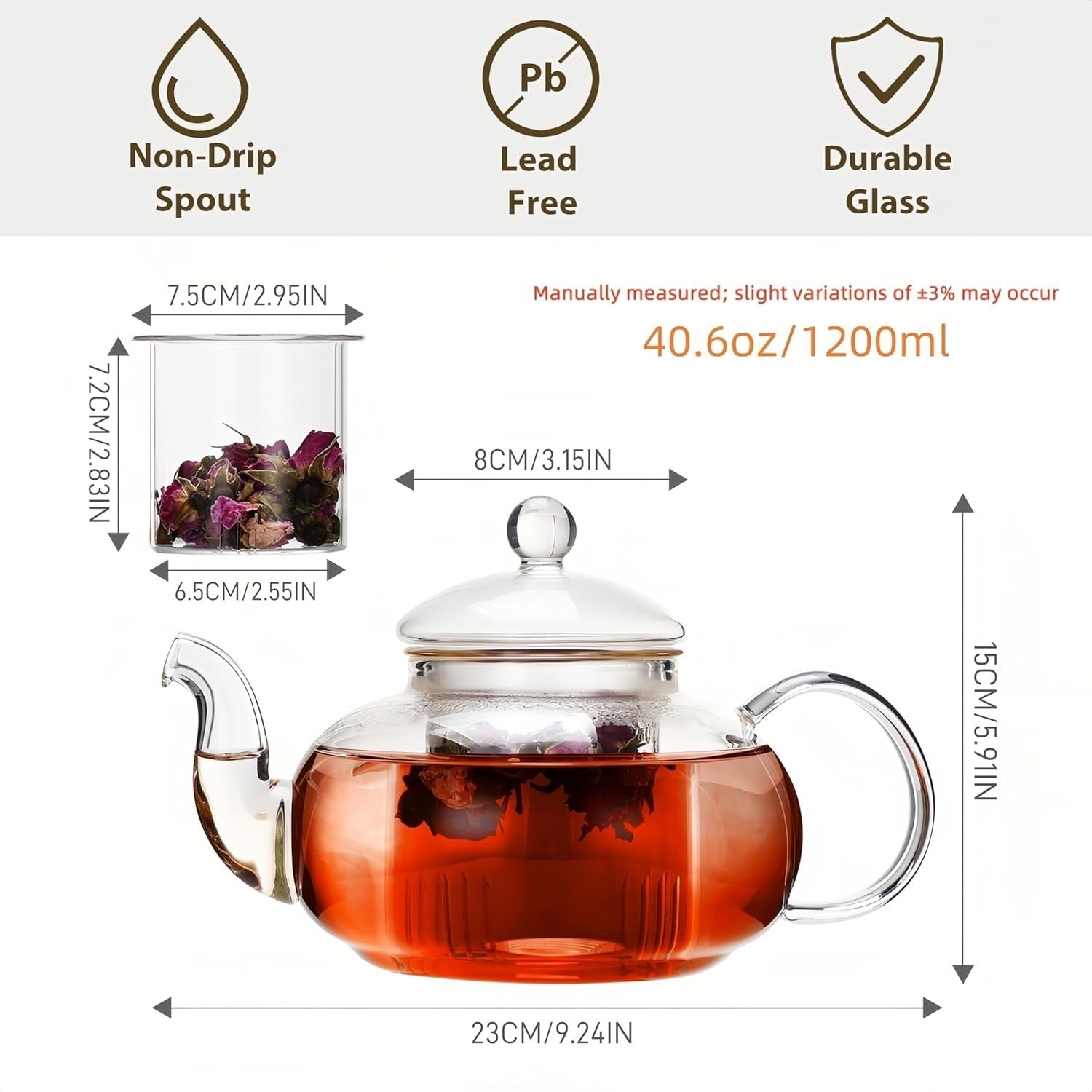 Glass Teapot 1200ml Stovetop Safe Tea Maker with Removable Infuser