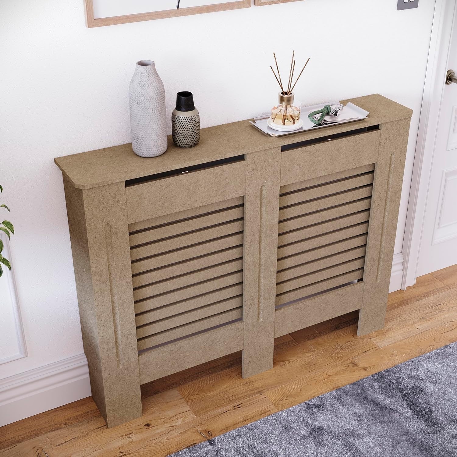 Medium MDF Radiator Cover 111cm Unpainted Slatted Heating Cabinet Modern