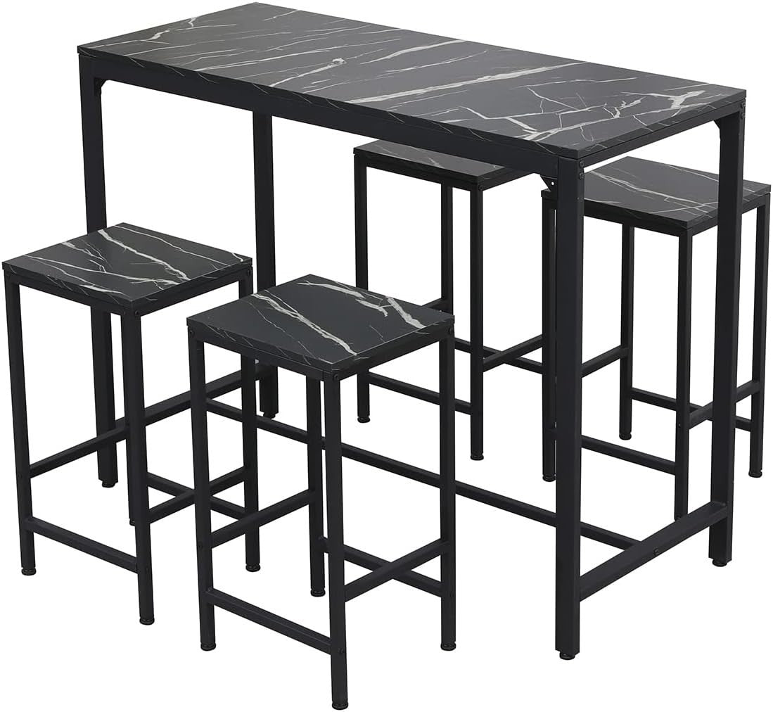 Black Marble Bar Table Set with 4 Stools Space-Saving Metal Frame Dining Set