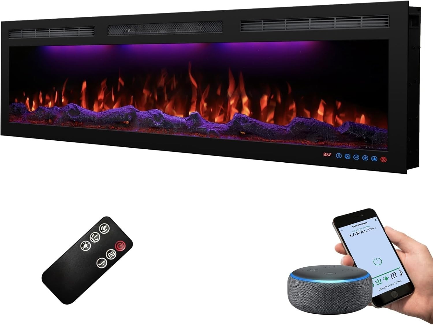 152cm Electric Wall-Mount Fireplace with Thermostat, 3 Flame Colors, Alexa