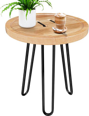 Round Wooden Side Table with Black Metal Legs Small Plant Stand Bedside Stool