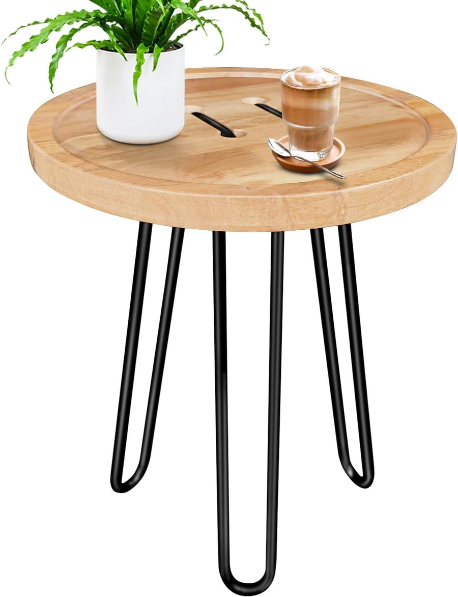 Round Wooden Side Table with Black Metal Legs Small Plant Stand Bedside Stool