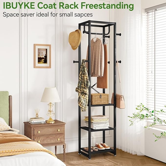 Black Industrial Coat Rack with Shelves & Hooks Freestanding Hall Stand